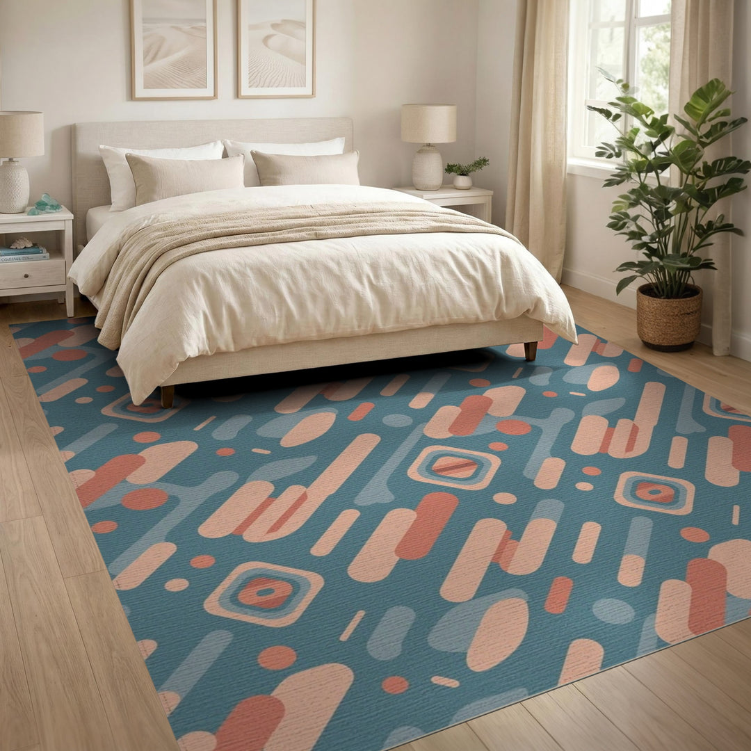 Blue Teal Geometric Washable Area Rug