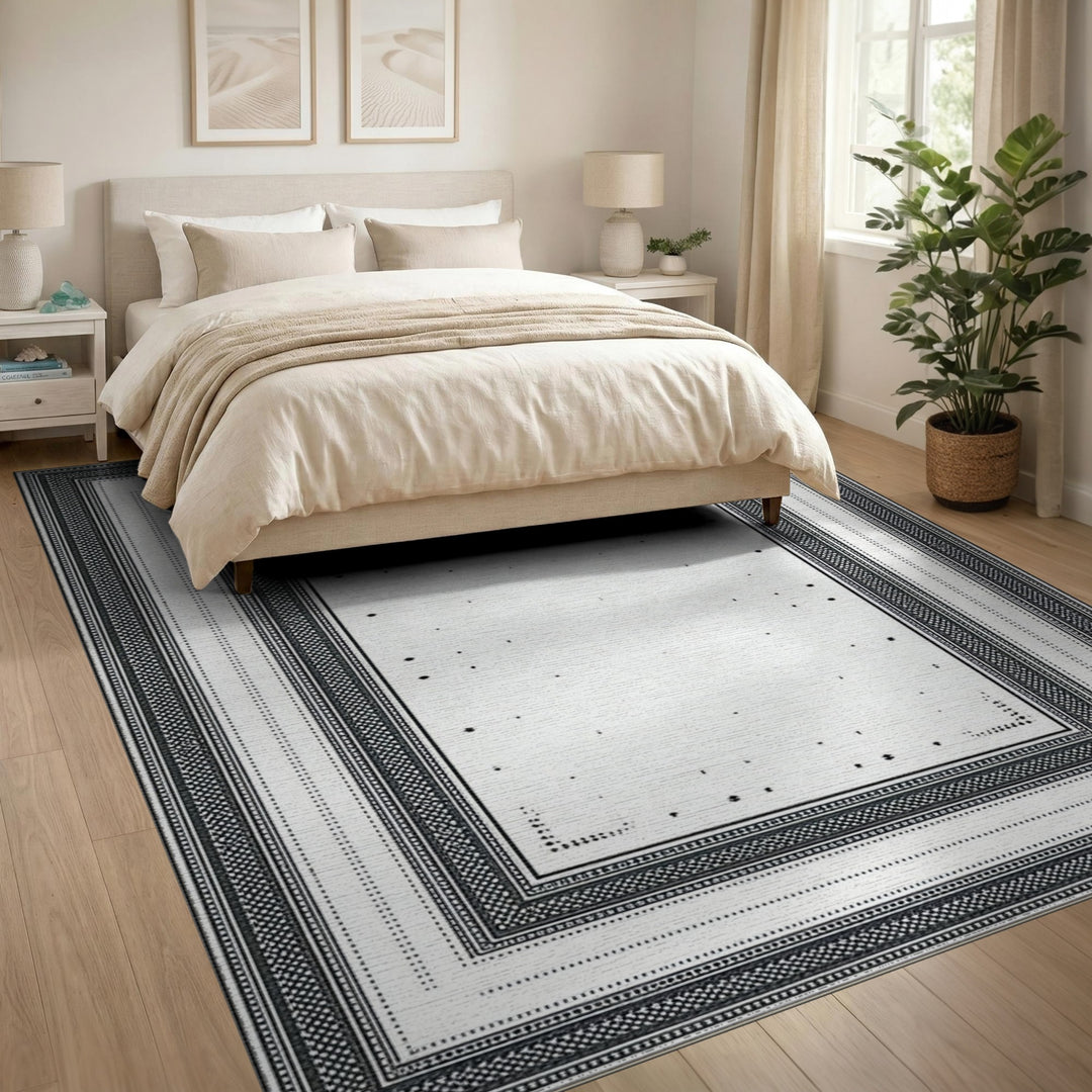 Black White Traditional Persian Border Rug