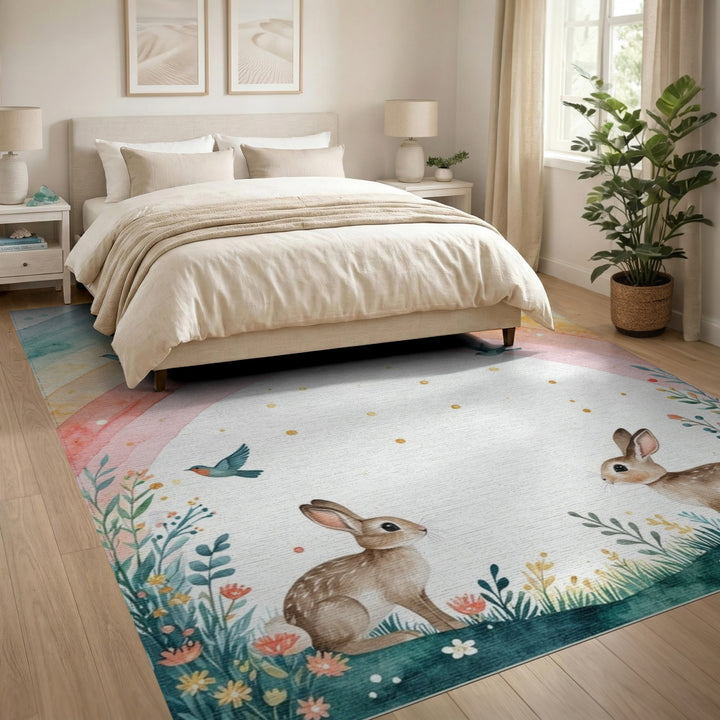 Rainbow Bunny Kids Area Rug