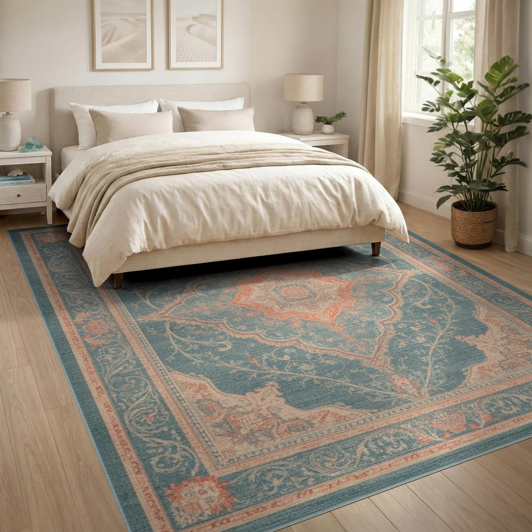 Blue and Teal Blue Teal Traditional Persian Medallion Area Rug