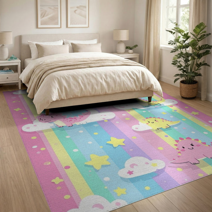Multi-color and Patterns Rainbow Dinosaur Kids Area Rug