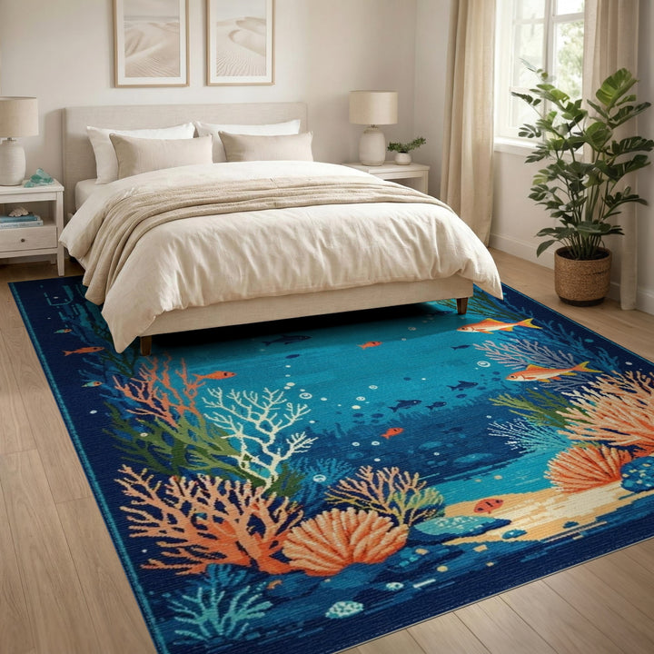 Underwater Coral Fish Blue Teal Area Rug