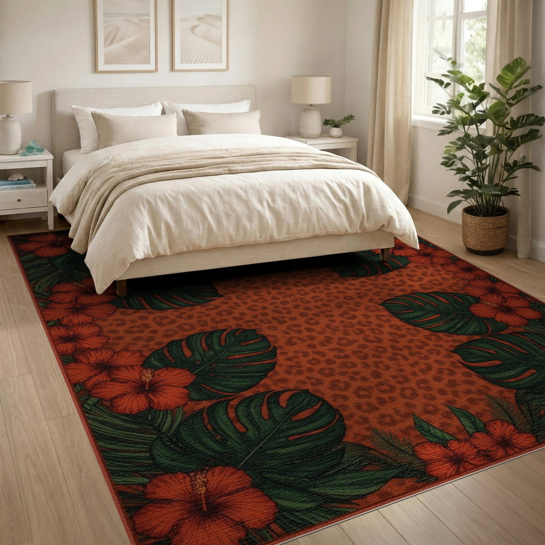 Red Hibiscus Leopard Print Area Rug