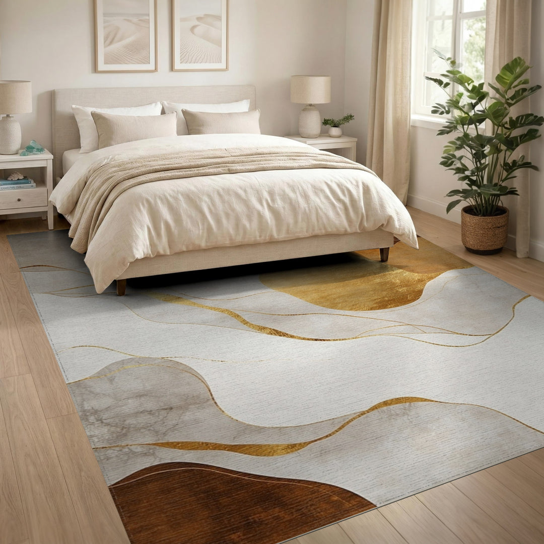 Abstract Beige Gold Flow Area Rug