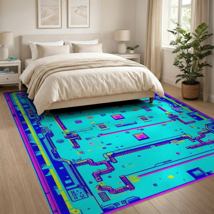 Neon Blue Pixel Circuit Area Rug
