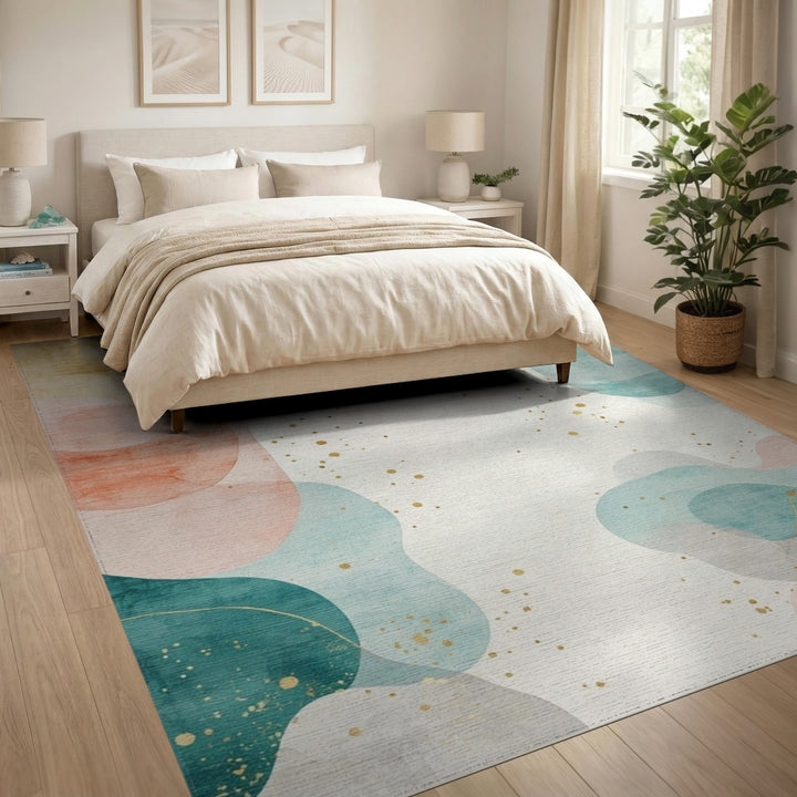 Abstract Teal Coral Washable Area Rug