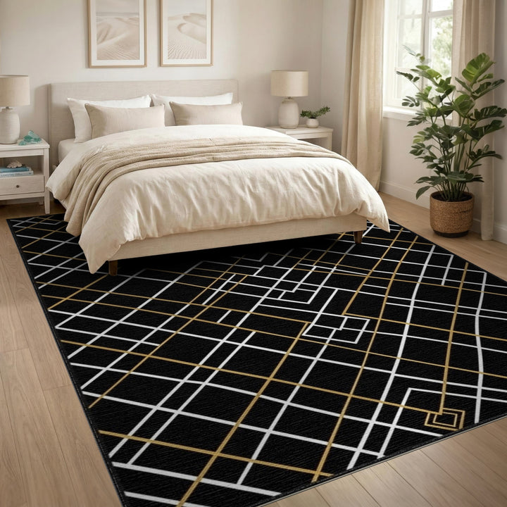 Black Geometric Modern Black Gold Geometric Area Rug