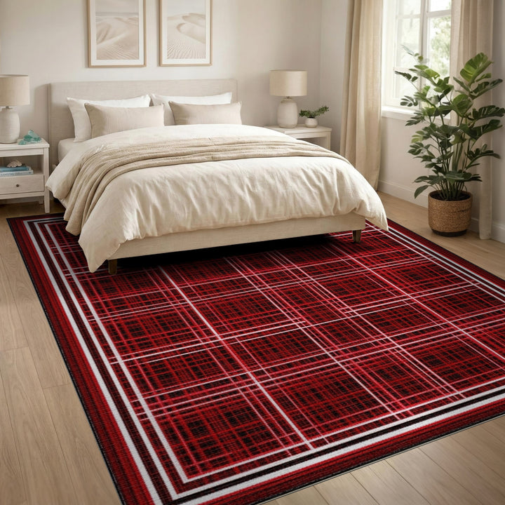 Red Modern Grid Area Rug