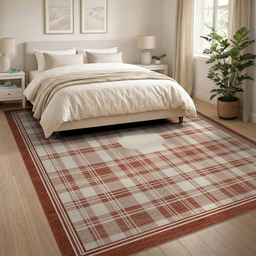 Brown Plaid Area Rug with Ivory Center Motif