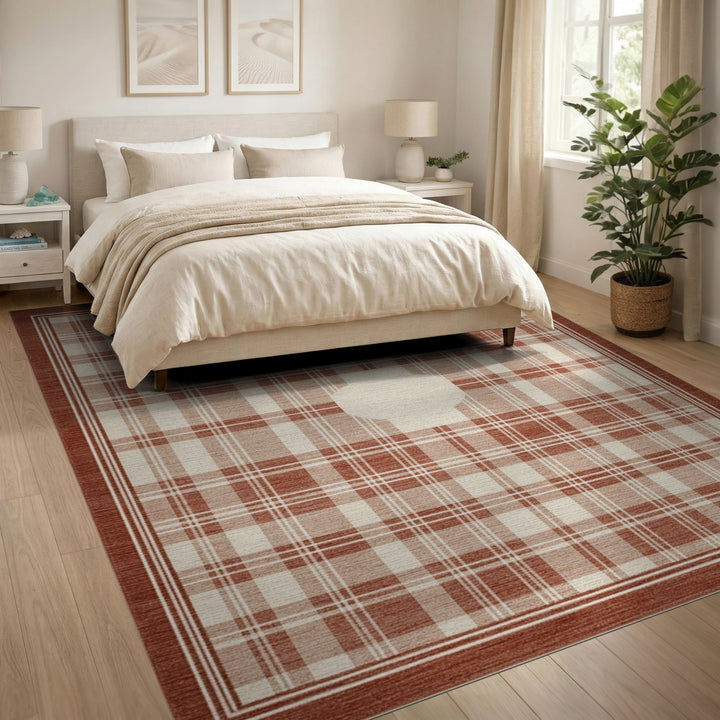 Brown Plaid Area Rug with Ivory Center Motif