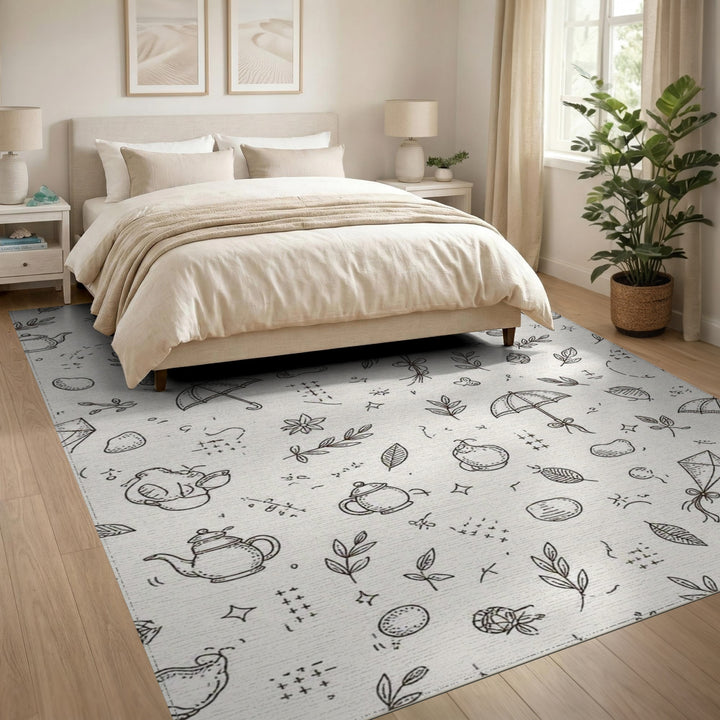 Black White Whimsical Teapot Umbrella Washable Area Rug