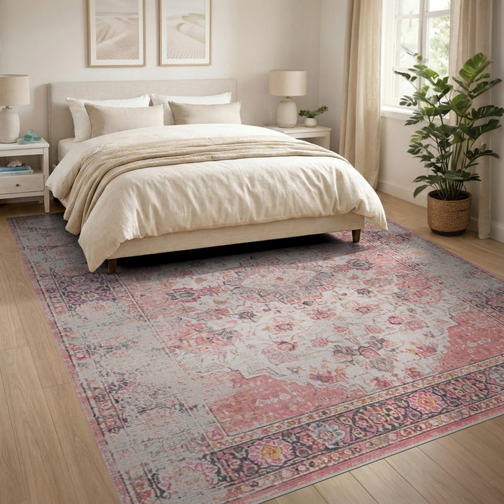 Pink Distressed Vintage Floral Area Rug