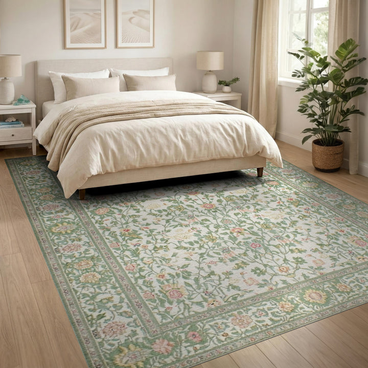 Green Floral Vintage Area Rug
