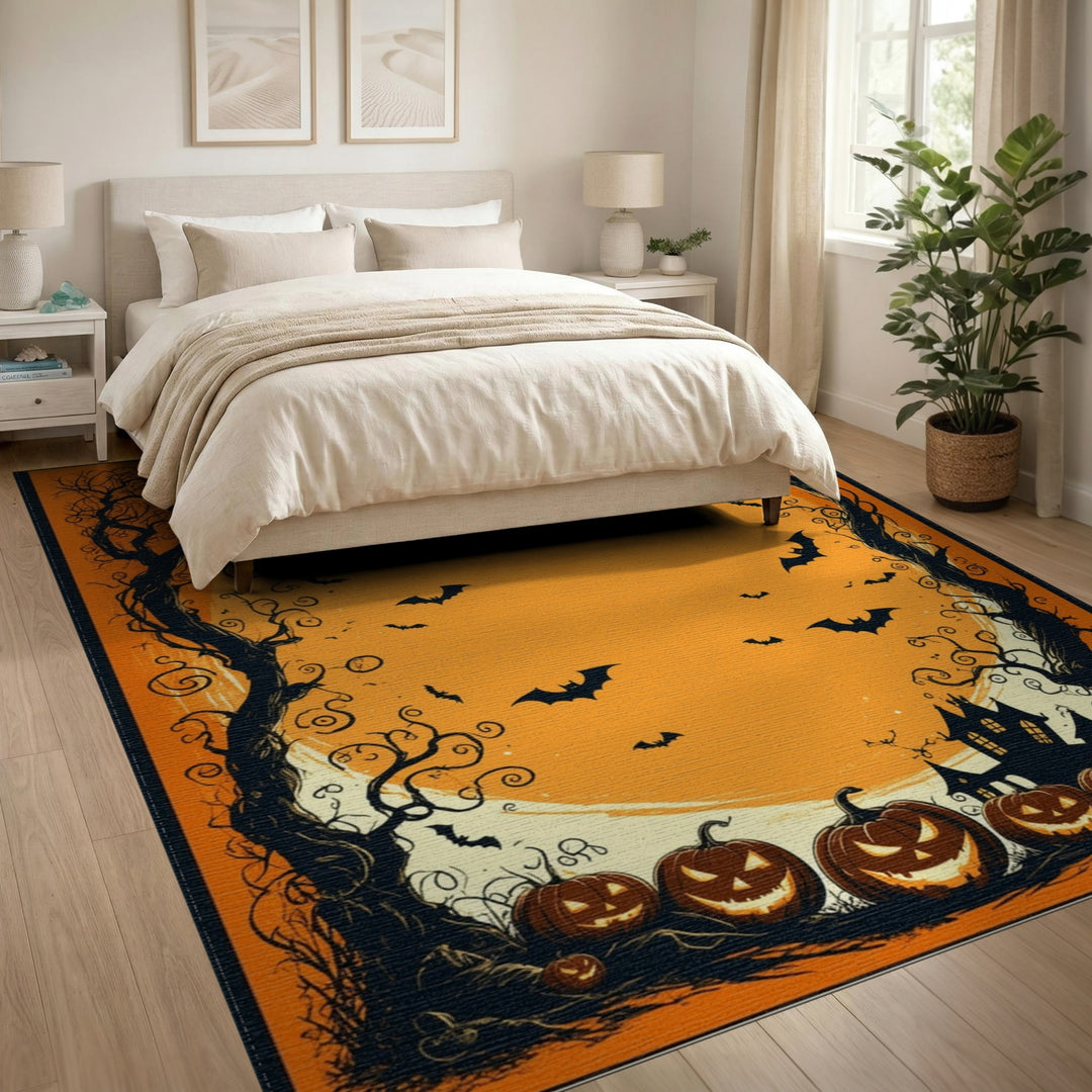 Orange Halloween Pumpkins and Bats Area Rug