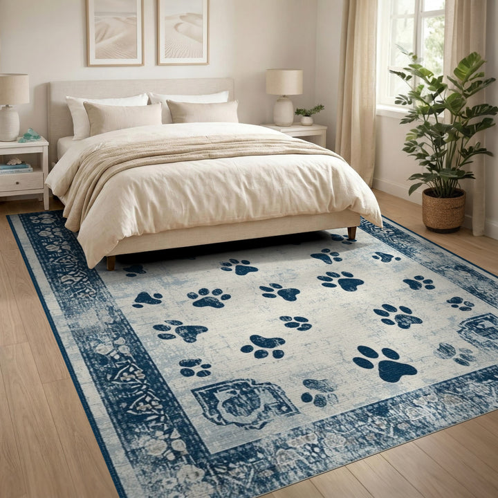 Blue and Teal Distressed Blue Paw Print Area Rug