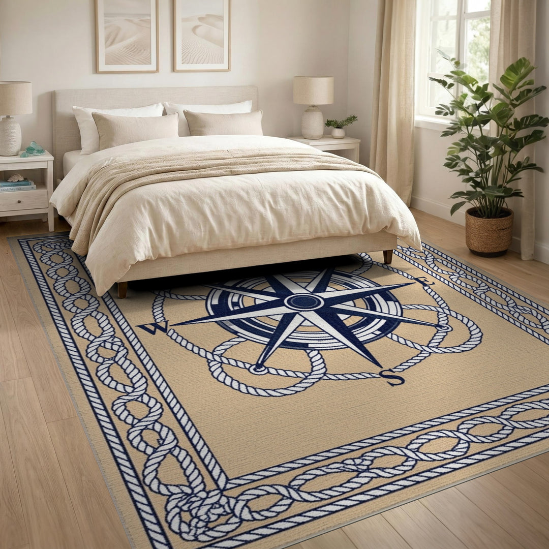 Beige Nautical Compass Area Rug