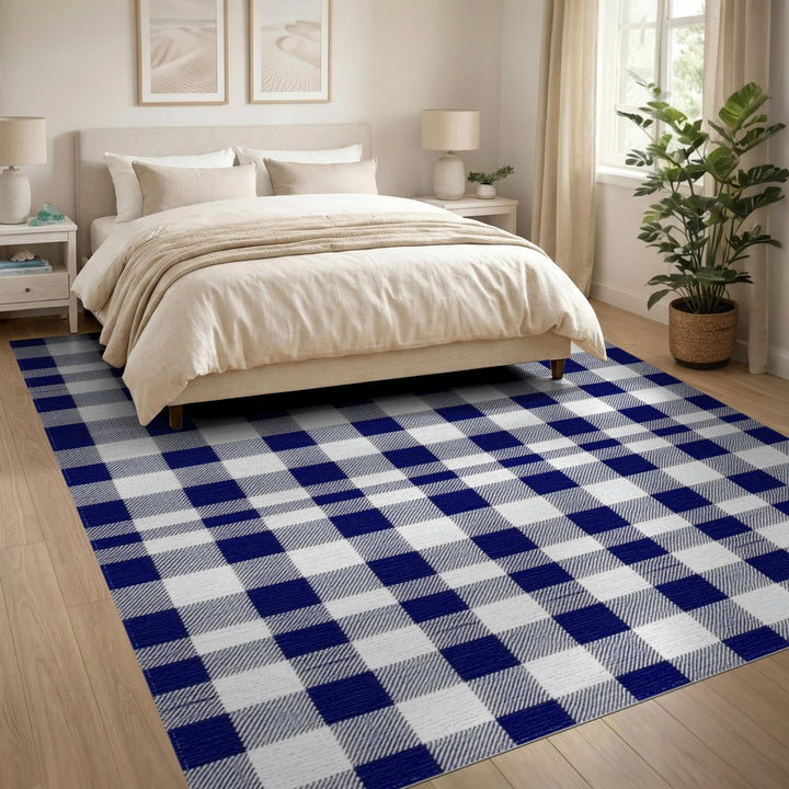 Navy Blue Checkered Washable Blue and Teal Area Rug