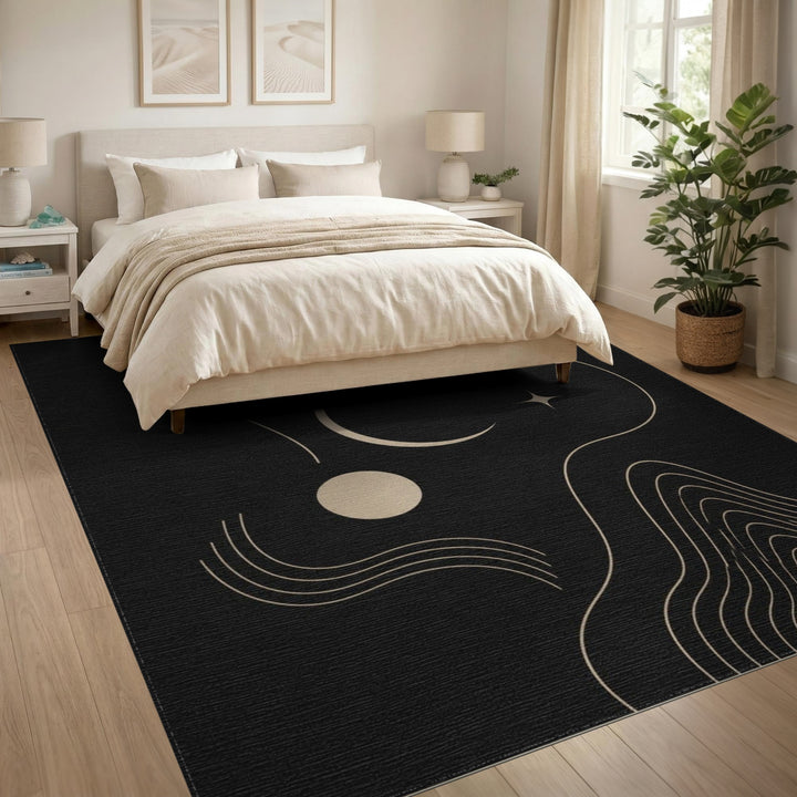 Black Abstract Moon Star Area Rug