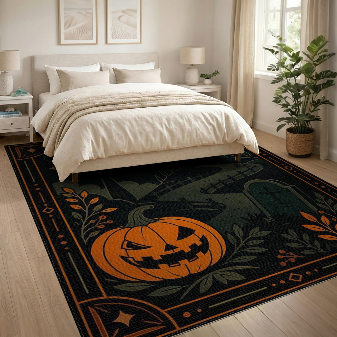 Orange Spooky Halloween Jack-o'-Lantern Area Rug