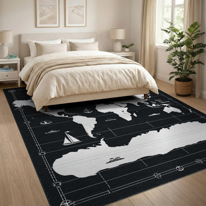Black White World Map Nautical Area Rug
