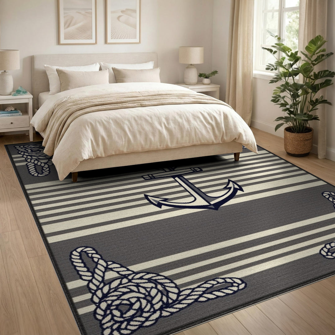 Grey Striped Nautical Anchor Area Rug