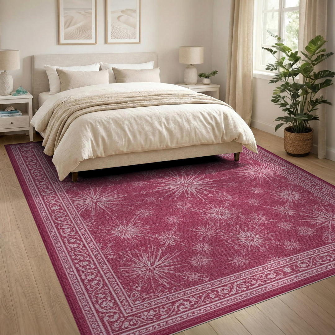 Pink Starburst Area Rug with Ornate Border