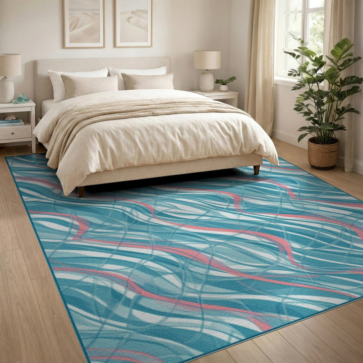 Blue Teal Wavy Abstract Area Rug