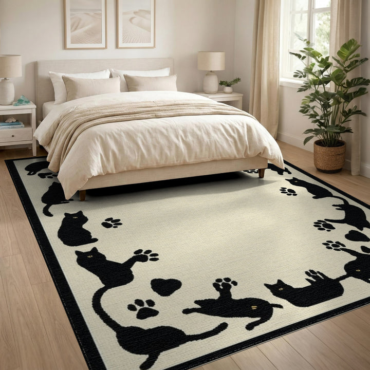 Black Cat Paw Print Washable Area Rug