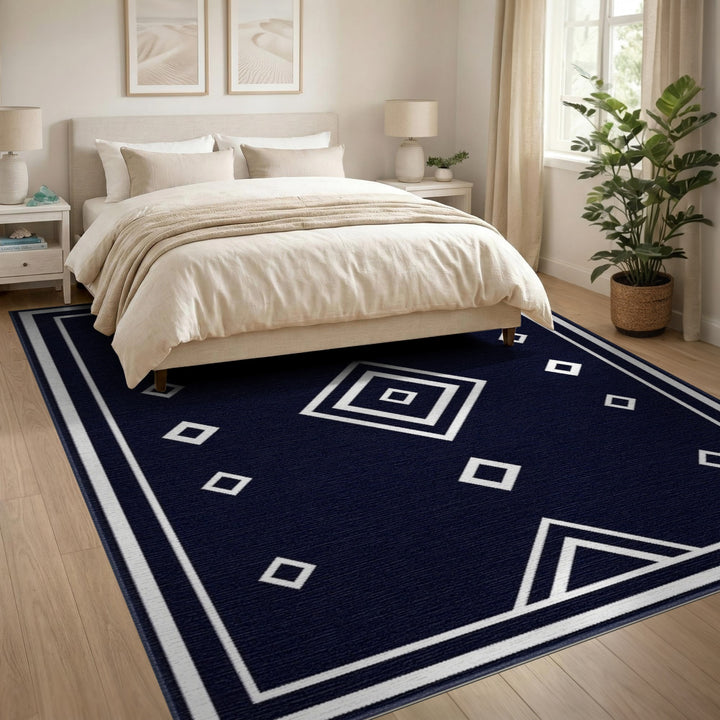 Black and White Navy Geometric Diamond Area Rug