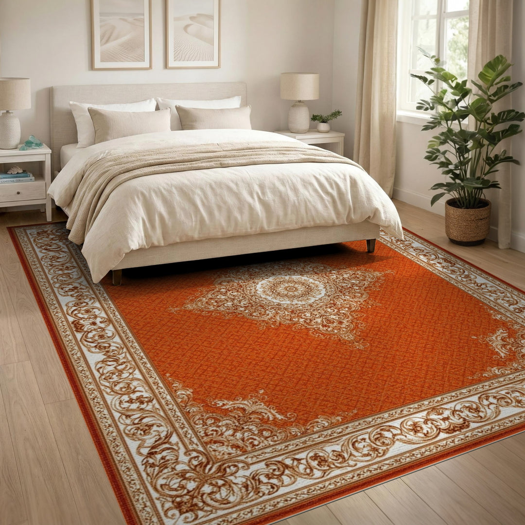 Red Traditional Persian Area Rug with Ivory Medallion