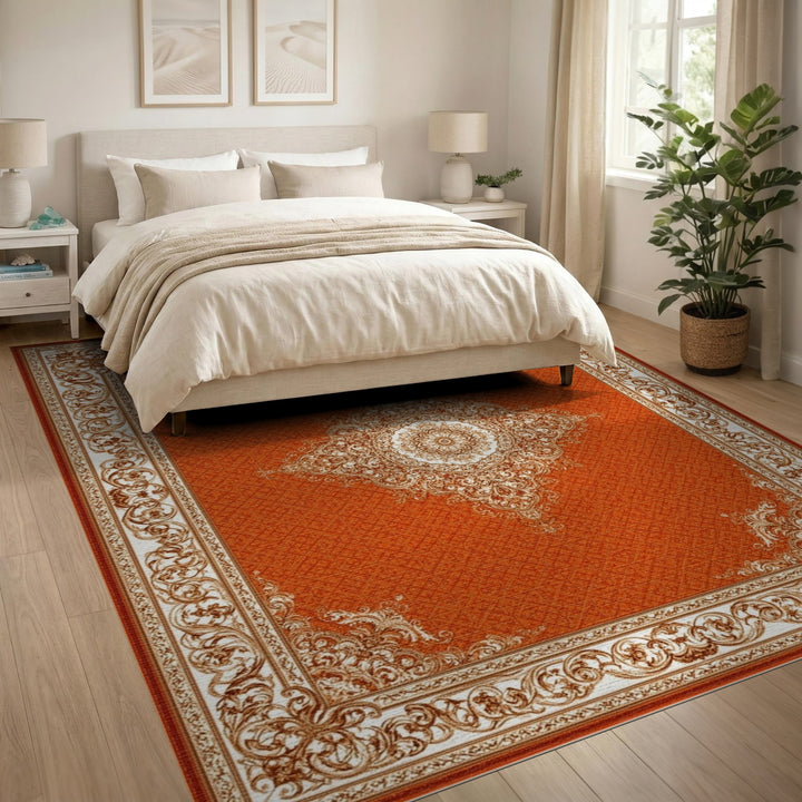 Red Traditional Persian Area Rug with Ivory Medallion
