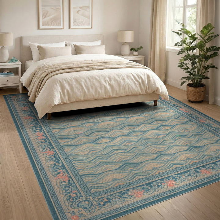 Blue Teal Wave Floral Vintage Area Rug
