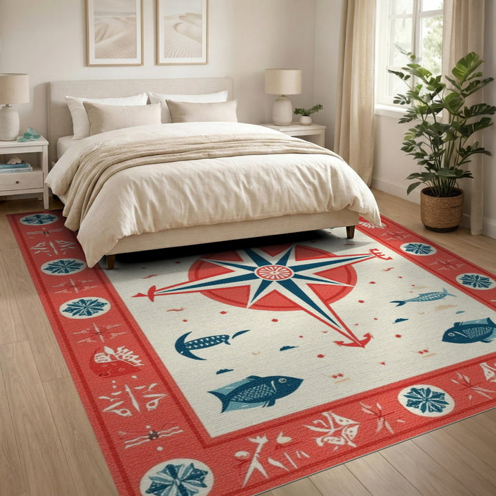 Red Nautical Compass Fish Area Rug