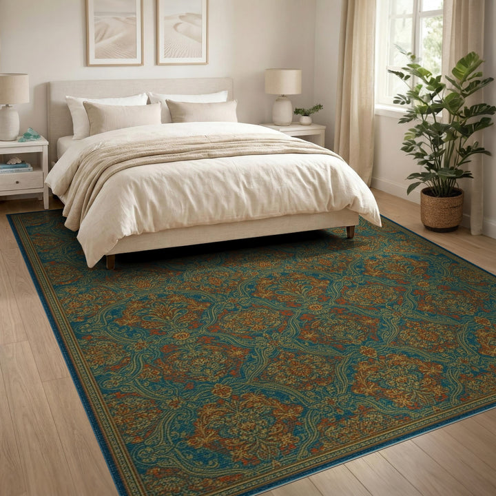 Blue and Teal Persian Medallion Area Rug with Orange Accents