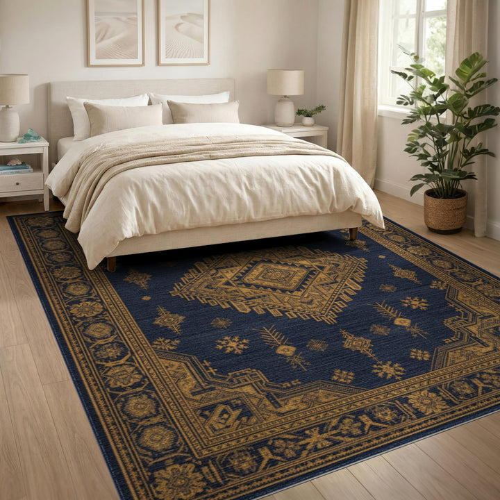 Blue Gold Tribal Medallion Area Rug