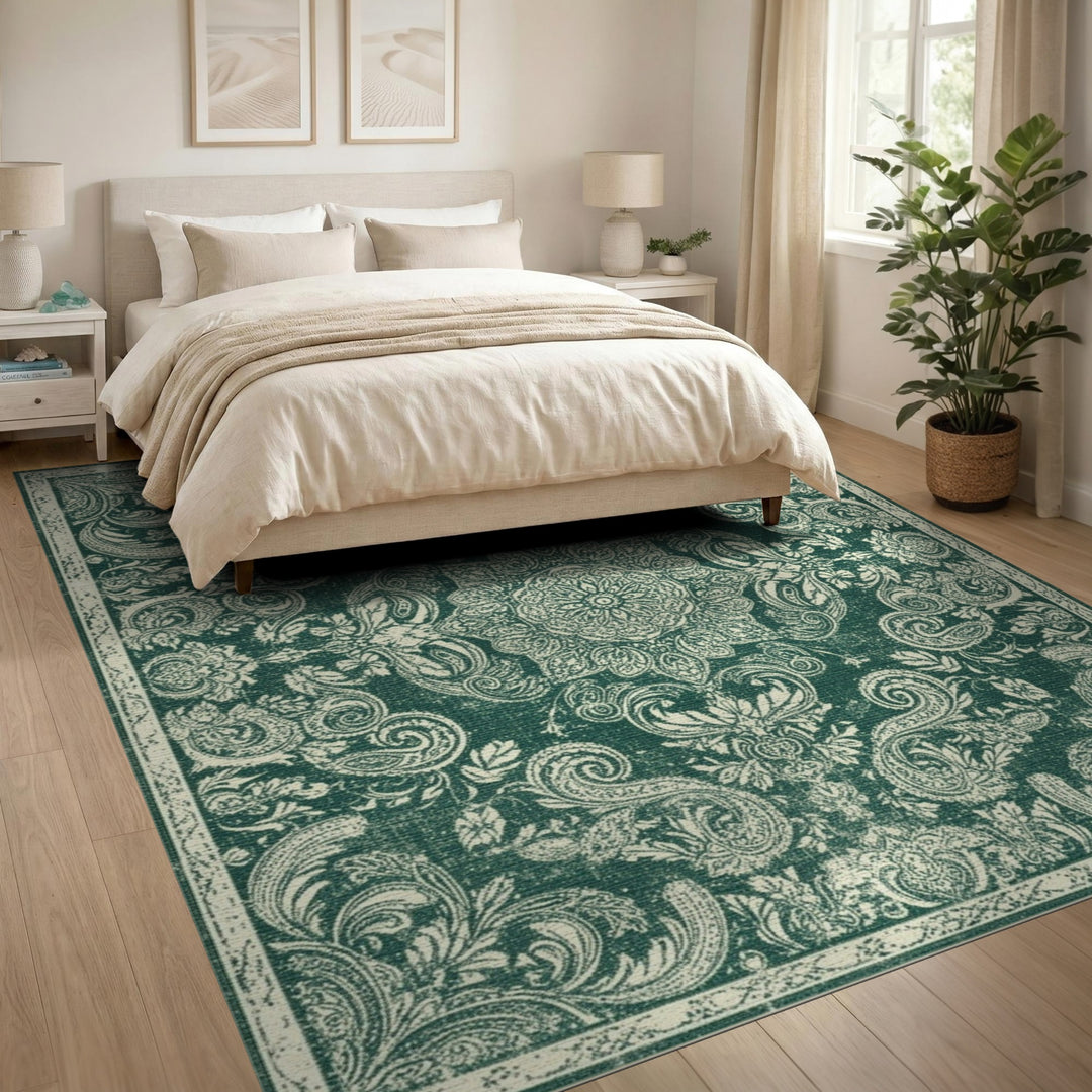Green Floral Vintage Area Rug