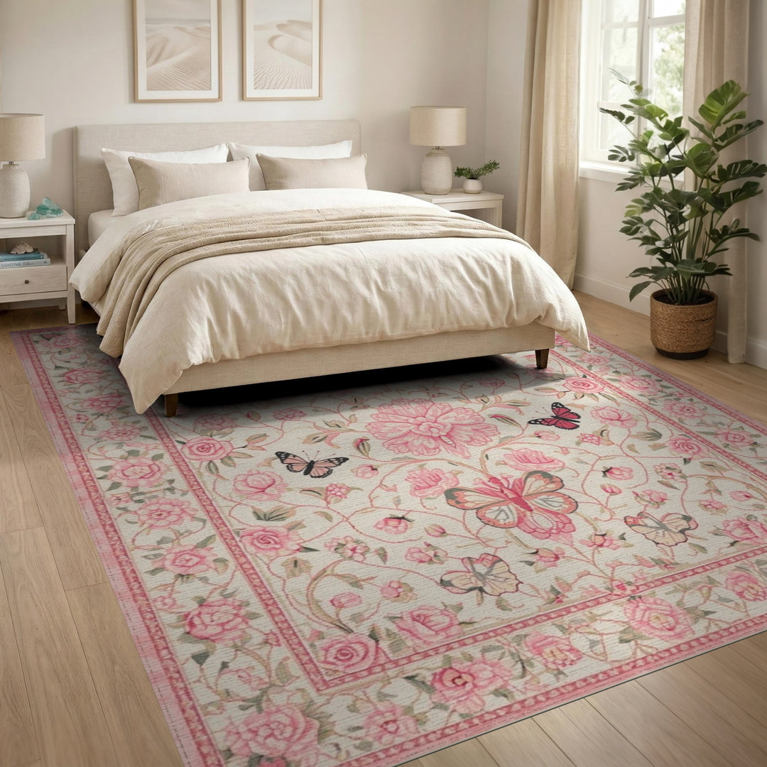 Pink Butterfly Rose Floral Vintage Area Rug