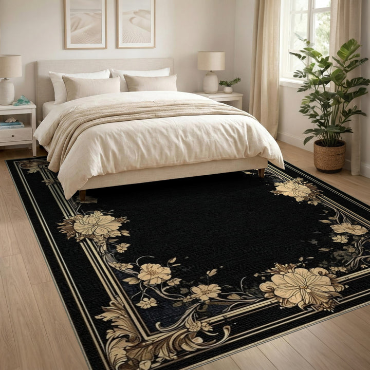 Black Floral Vintage Area Rug with Gold Border