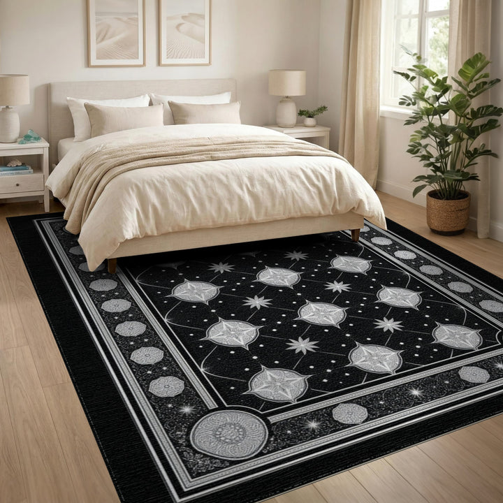 Black White Star Lattice Geometric Area Rug