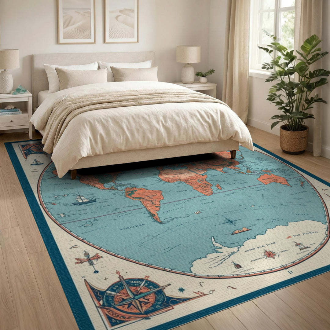 Vintage Circular World Map Area Rug