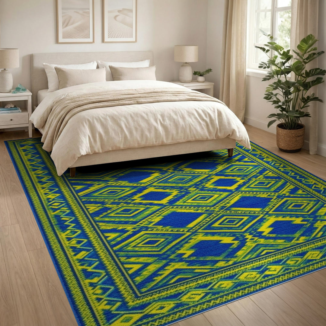 Bold Blue Yellow Geometric Modern Area Rug