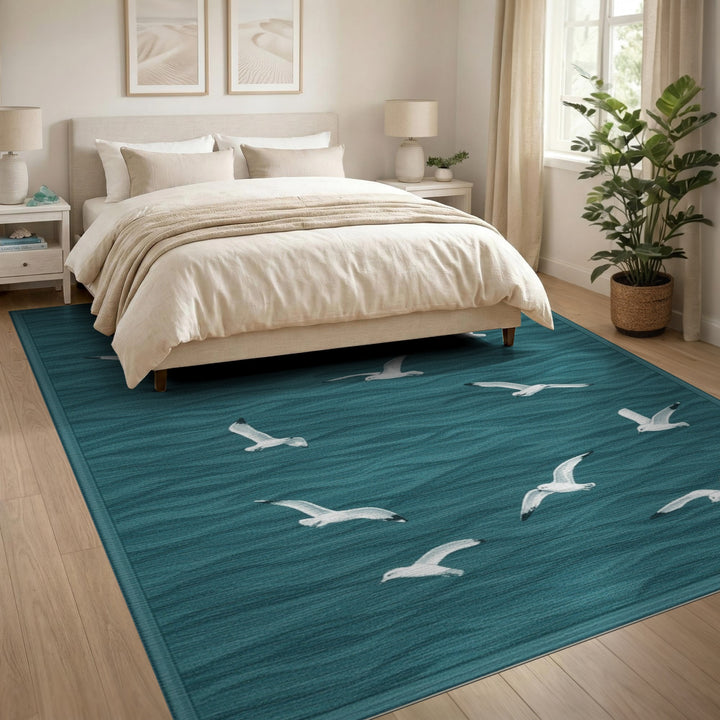 Flying Seagulls Teal Coastal Area Rug