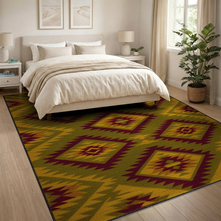Southwestern Olive Green Geometric Area Rug