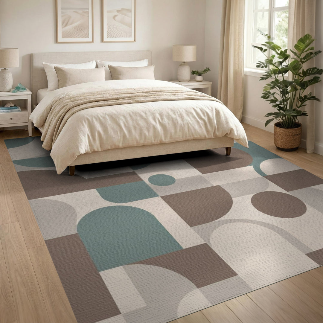 Geometric Beige Area Rug with Teal Accents