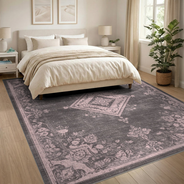 Grey Distressed Vintage Floral Diamond Area Rug