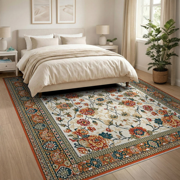 Vintage Floral Orange Teal Area Rug
