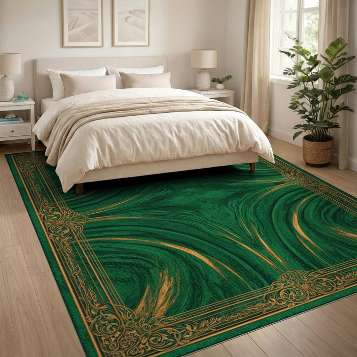 Green Marble Swirl Area Rug with Gold Ornate Border