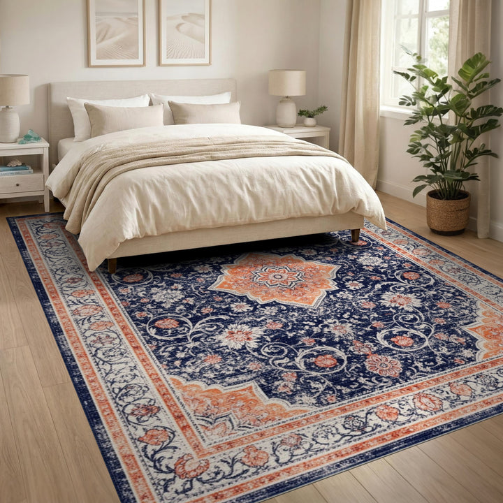 Navy Blue Orange Persian Floral Area Rug