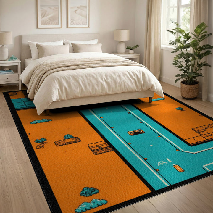 Orange Pixel Highway Kids Area Rug