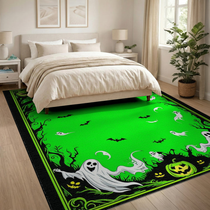 Green Halloween Ghosts and Bats Area Rug
